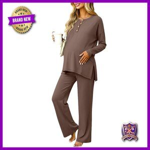 Maternity Pajama Set Long Sleeve Nursing Lounge Pjs with Pockets Medium